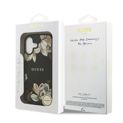 iPhone 17 Kılıf Guess Orjinal Lisanslı M-safe Şarj Özellikli Taneli Çiçek Tasarımlı Metal Yazı Logolu Kapak