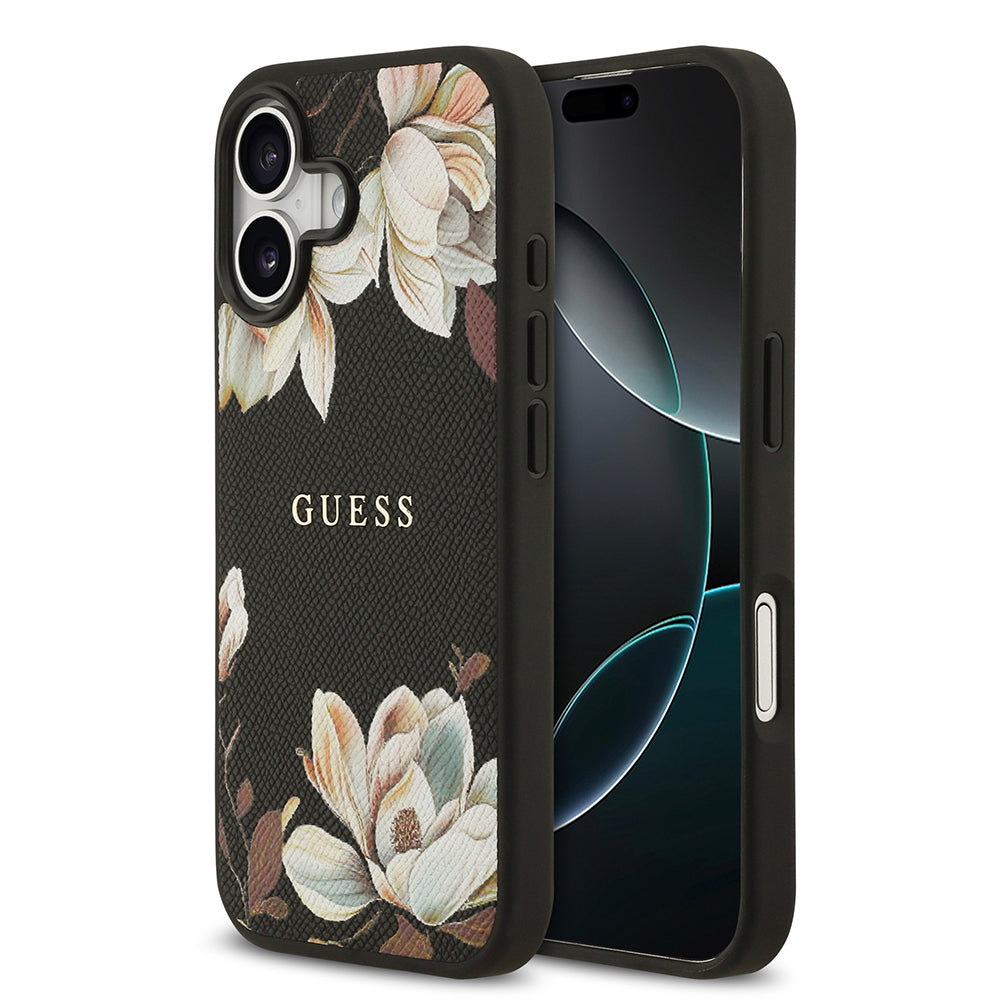 iPhone 17 Kılıf Guess Orjinal Lisanslı M-safe Şarj Özellikli Taneli Çiçek Tasarımlı Metal Yazı Logolu Kapak