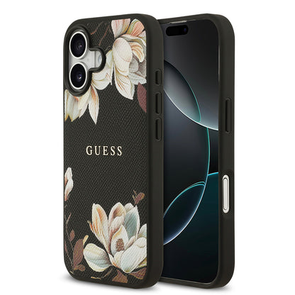 iPhone 17 Kılıf Guess Orjinal Lisanslı M-safe Şarj Özellikli Taneli Çiçek Tasarımlı Metal Yazı Logolu Kapak