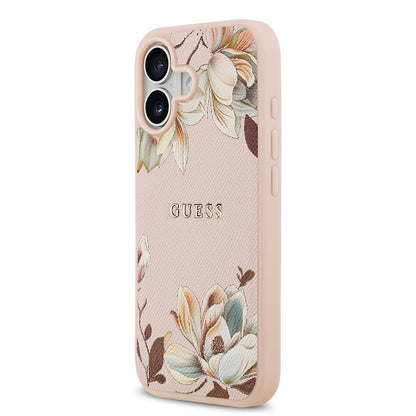iPhone 17 Kılıf Guess Orjinal Lisanslı M-safe Şarj Özellikli Taneli Çiçek Tasarımlı Metal Yazı Logolu Kapak