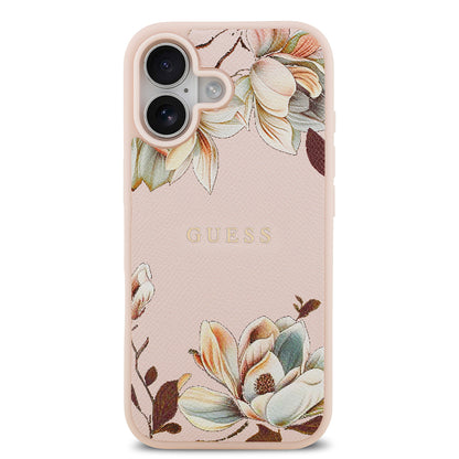 iPhone 17 Kılıf Guess Orjinal Lisanslı M-safe Şarj Özellikli Taneli Çiçek Tasarımlı Metal Yazı Logolu Kapak