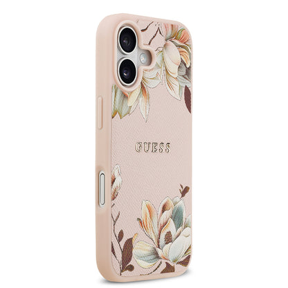 iPhone 17 Kılıf Guess Orjinal Lisanslı M-safe Şarj Özellikli Taneli Çiçek Tasarımlı Metal Yazı Logolu Kapak
