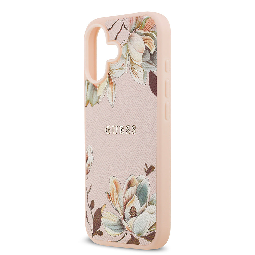 iPhone 17 Kılıf Guess Orjinal Lisanslı M-safe Şarj Özellikli Taneli Çiçek Tasarımlı Metal Yazı Logolu Kapak