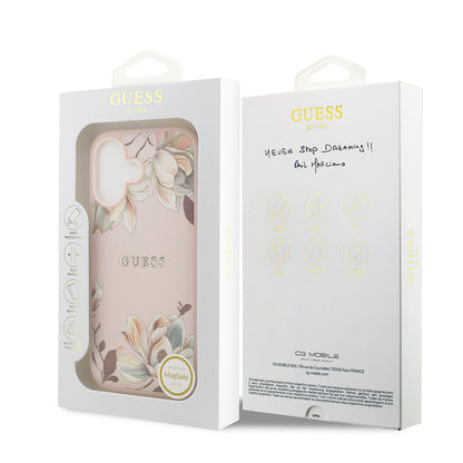 iPhone 17 Kılıf Guess Orjinal Lisanslı M-safe Şarj Özellikli Taneli Çiçek Tasarımlı Metal Yazı Logolu Kapak