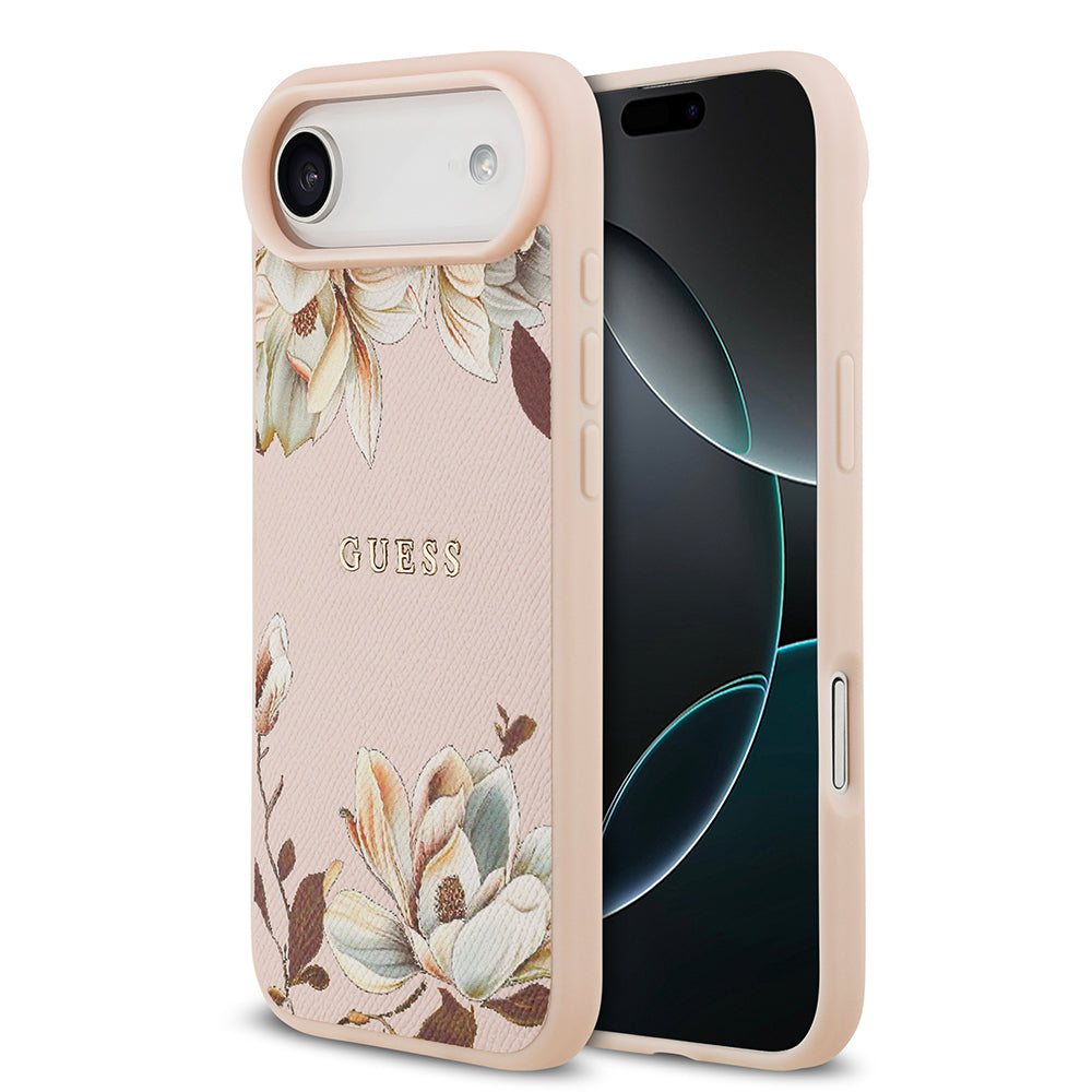 iPhone 17 Air Kılıf Guess Orjinal Lisanslı M-safe Şarj Özellikli Taneli Çiçek Tasarımlı Metal Yazı Logolu Kapak