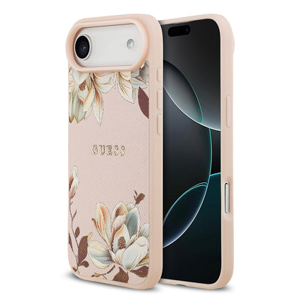 iPhone 17 Air Kılıf Guess Orjinal Lisanslı M-safe Şarj Özellikli Taneli Çiçek Tasarımlı Metal Yazı Logolu Kapak