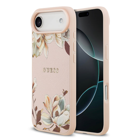 iPhone 17 Air Kılıf Guess Orjinal Lisanslı M-safe Şarj Özellikli Taneli Çiçek Tasarımlı Metal Yazı Logolu Kapak