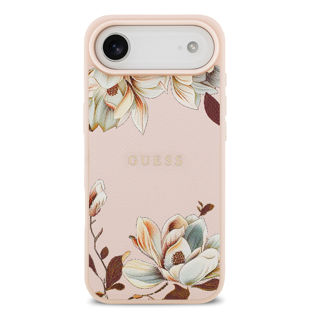 iPhone 17 Air Kılıf Guess Orjinal Lisanslı M-safe Şarj Özellikli Taneli Çiçek Tasarımlı Metal Yazı Logolu Kapak