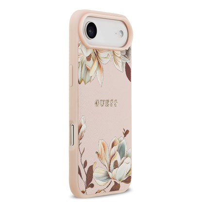 iPhone 17 Air Kılıf Guess Orjinal Lisanslı M-safe Şarj Özellikli Taneli Çiçek Tasarımlı Metal Yazı Logolu Kapak