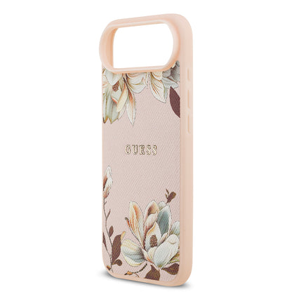 iPhone 17 Air Kılıf Guess Orjinal Lisanslı M-safe Şarj Özellikli Taneli Çiçek Tasarımlı Metal Yazı Logolu Kapak
