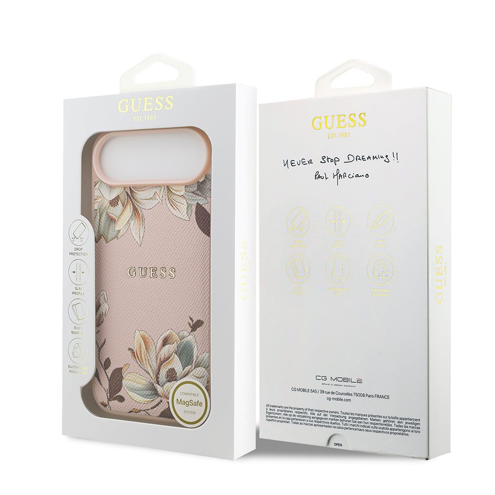 iPhone 17 Air Kılıf Guess Orjinal Lisanslı M-safe Şarj Özellikli Taneli Çiçek Tasarımlı Metal Yazı Logolu Kapak