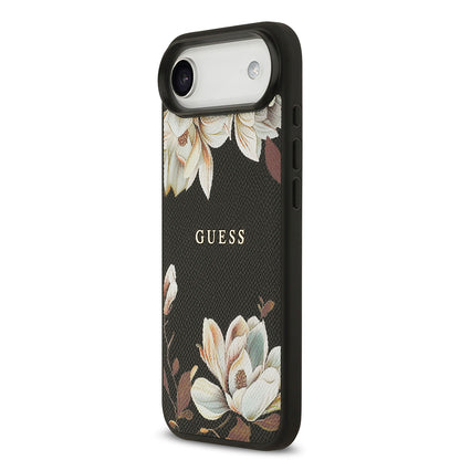 iPhone 17 Air Kılıf Guess Orjinal Lisanslı M-safe Şarj Özellikli Taneli Çiçek Tasarımlı Metal Yazı Logolu Kapak