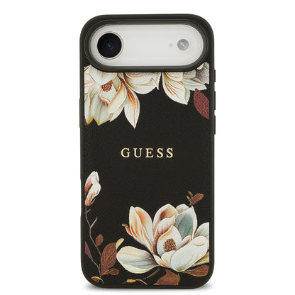 iPhone 17 Air Kılıf Guess Orjinal Lisanslı M-safe Şarj Özellikli Taneli Çiçek Tasarımlı Metal Yazı Logolu Kapak