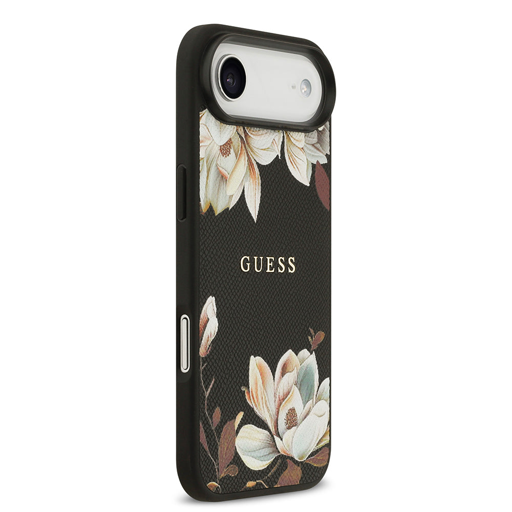 iPhone 17 Air Kılıf Guess Orjinal Lisanslı M-safe Şarj Özellikli Taneli Çiçek Tasarımlı Metal Yazı Logolu Kapak