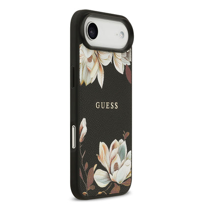 iPhone 17 Air Kılıf Guess Orjinal Lisanslı M-safe Şarj Özellikli Taneli Çiçek Tasarımlı Metal Yazı Logolu Kapak