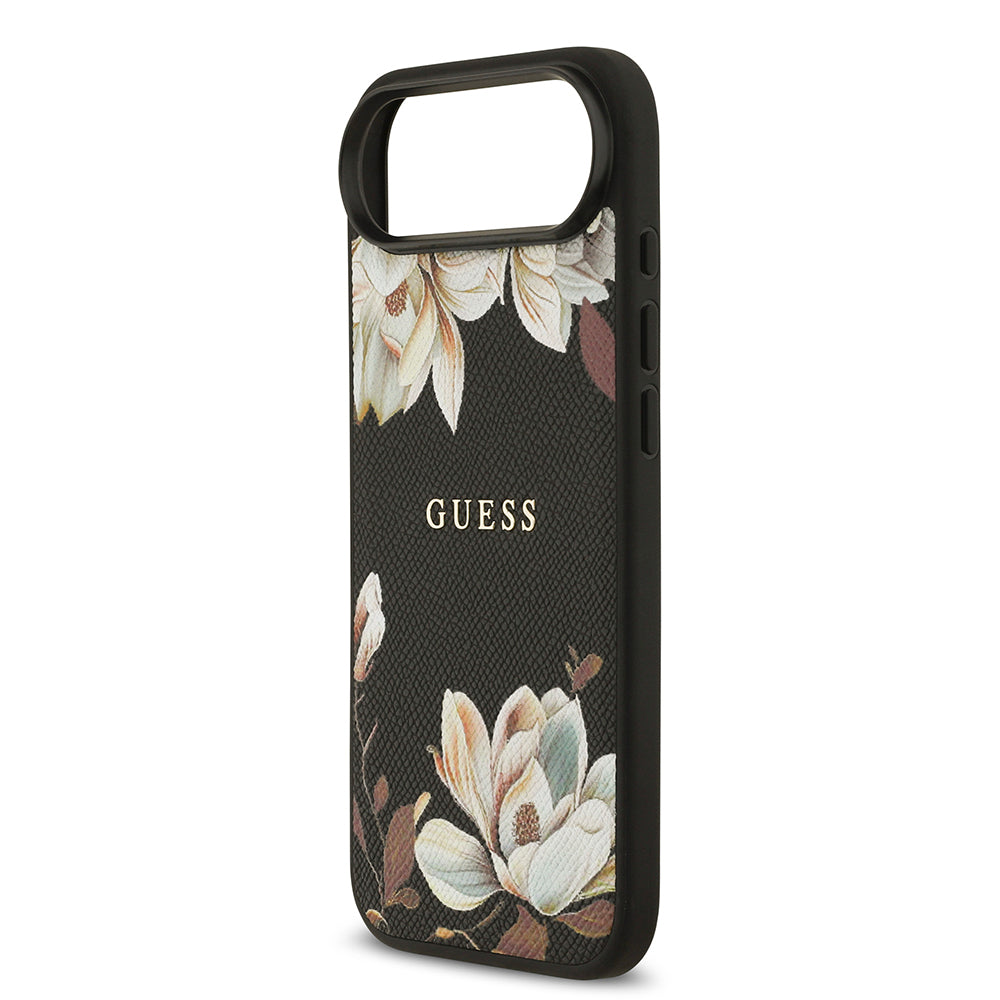 iPhone 17 Air Kılıf Guess Orjinal Lisanslı M-safe Şarj Özellikli Taneli Çiçek Tasarımlı Metal Yazı Logolu Kapak
