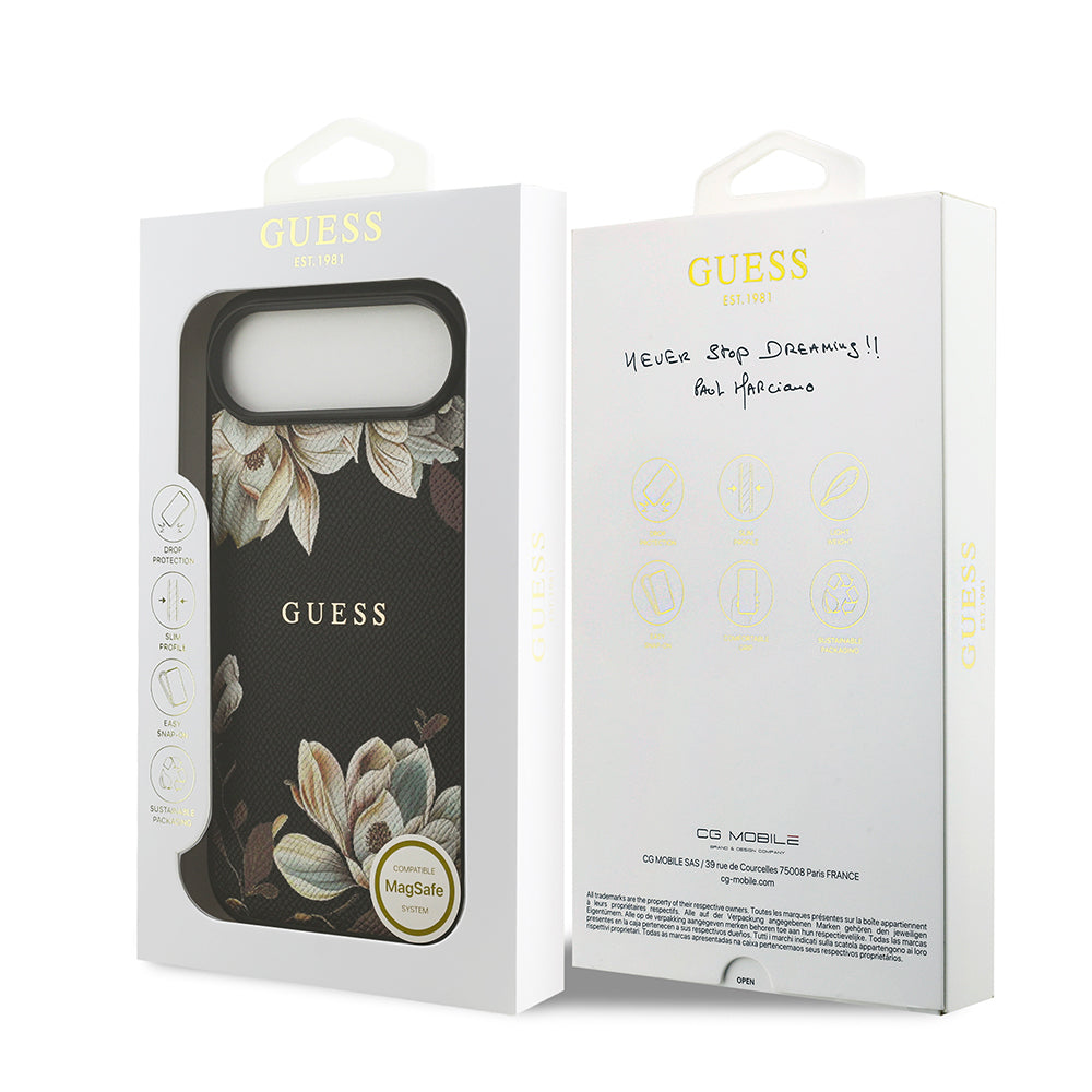 iPhone 17 Air Kılıf Guess Orjinal Lisanslı M-safe Şarj Özellikli Taneli Çiçek Tasarımlı Metal Yazı Logolu Kapak