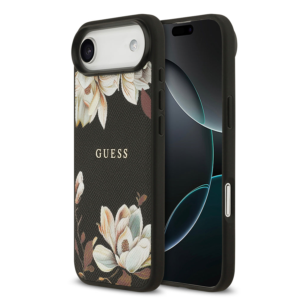 iPhone 17 Air Kılıf Guess Orjinal Lisanslı M-safe Şarj Özellikli Taneli Çiçek Tasarımlı Metal Yazı Logolu Kapak