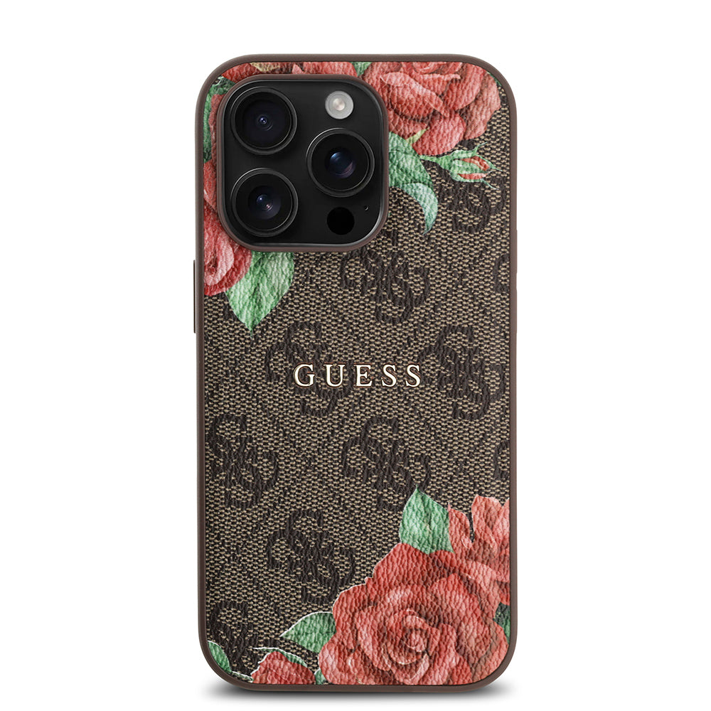 iPhone 14 Pro Max Kılıf Guess Orjinal Lisanslı M-safe Şarj Özellikli Gül Baskılı 4G Desenli Yazı Logolu Kapak