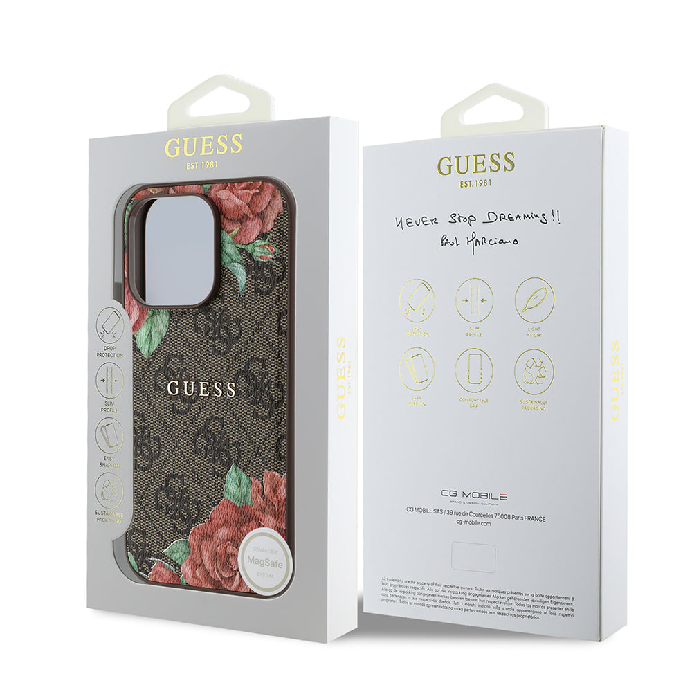 iPhone 14 Pro Max Kılıf Guess Orjinal Lisanslı M-safe Şarj Özellikli Gül Baskılı 4G Desenli Yazı Logolu Kapak