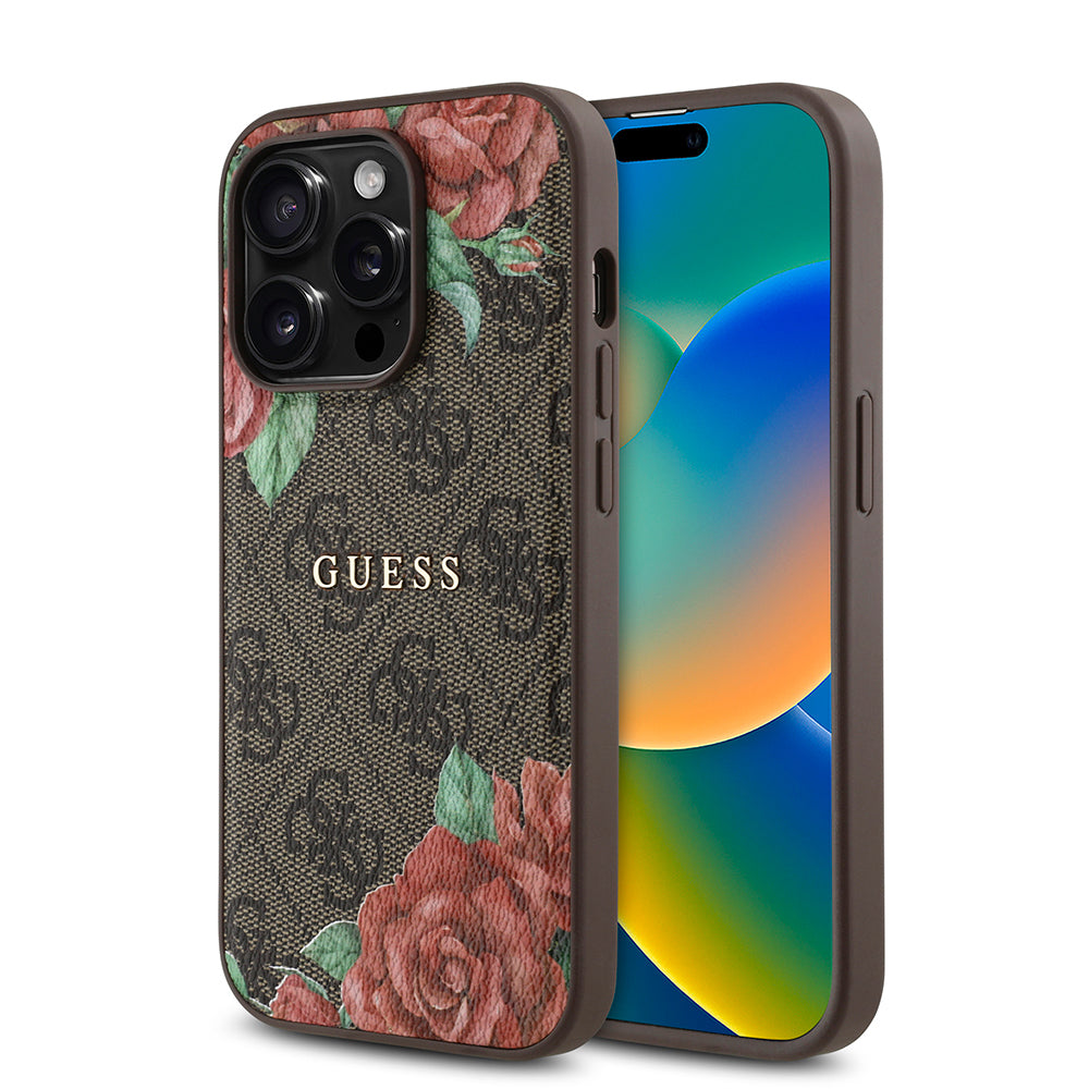 iPhone 14 Pro Max Kılıf Guess Orjinal Lisanslı M-safe Şarj Özellikli Gül Baskılı 4G Desenli Yazı Logolu Kapak