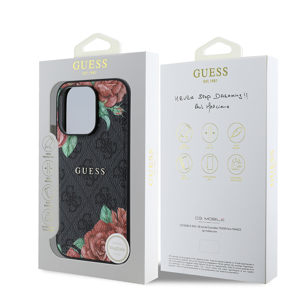 iPhone 14 Pro Max Kılıf Guess Orjinal Lisanslı M-safe Şarj Özellikli Gül Baskılı 4G Desenli Yazı Logolu Kapak