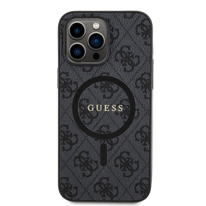 iPhone 14 Pro Max Kılıf Guess Orjinal Lisanslı M-safe Şarj Özellikli PU Halkalı 4G Desenli Yazı Logolu Kapak