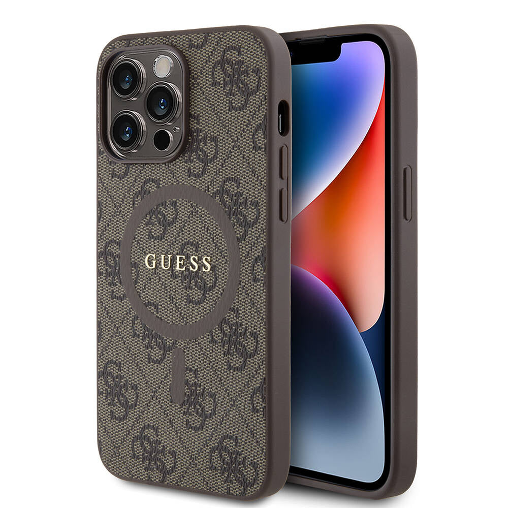 iPhone 14 Pro Max Kılıf Guess Orjinal Lisanslı M-safe Şarj Özellikli PU Halkalı 4G Desenli Yazı Logolu Kapak