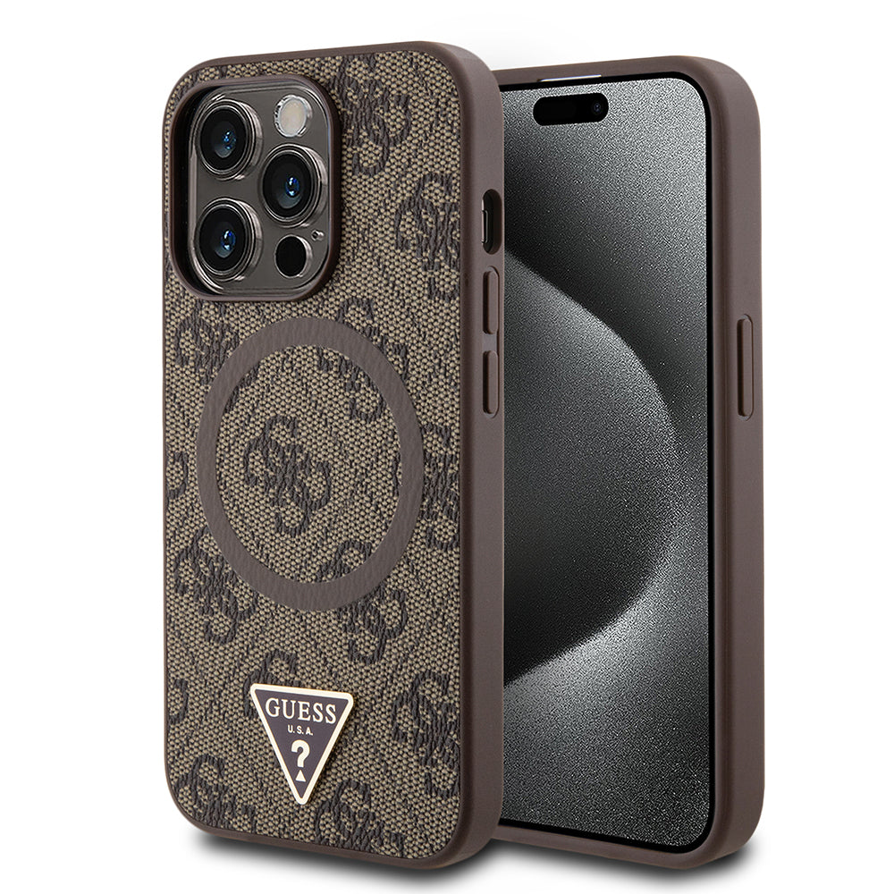 iPhone 14 Pro Max Kılıf Guess Orjinal Lisanslı M-safe Şarj Özellikli PU Üçgen Logo 4G Desenli Kapak