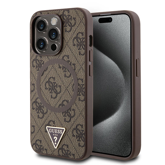 iPhone 14 Pro Max Kılıf Guess Orjinal Lisanslı M-safe Şarj Özellikli PU Üçgen Logo 4G Desenli Kapak