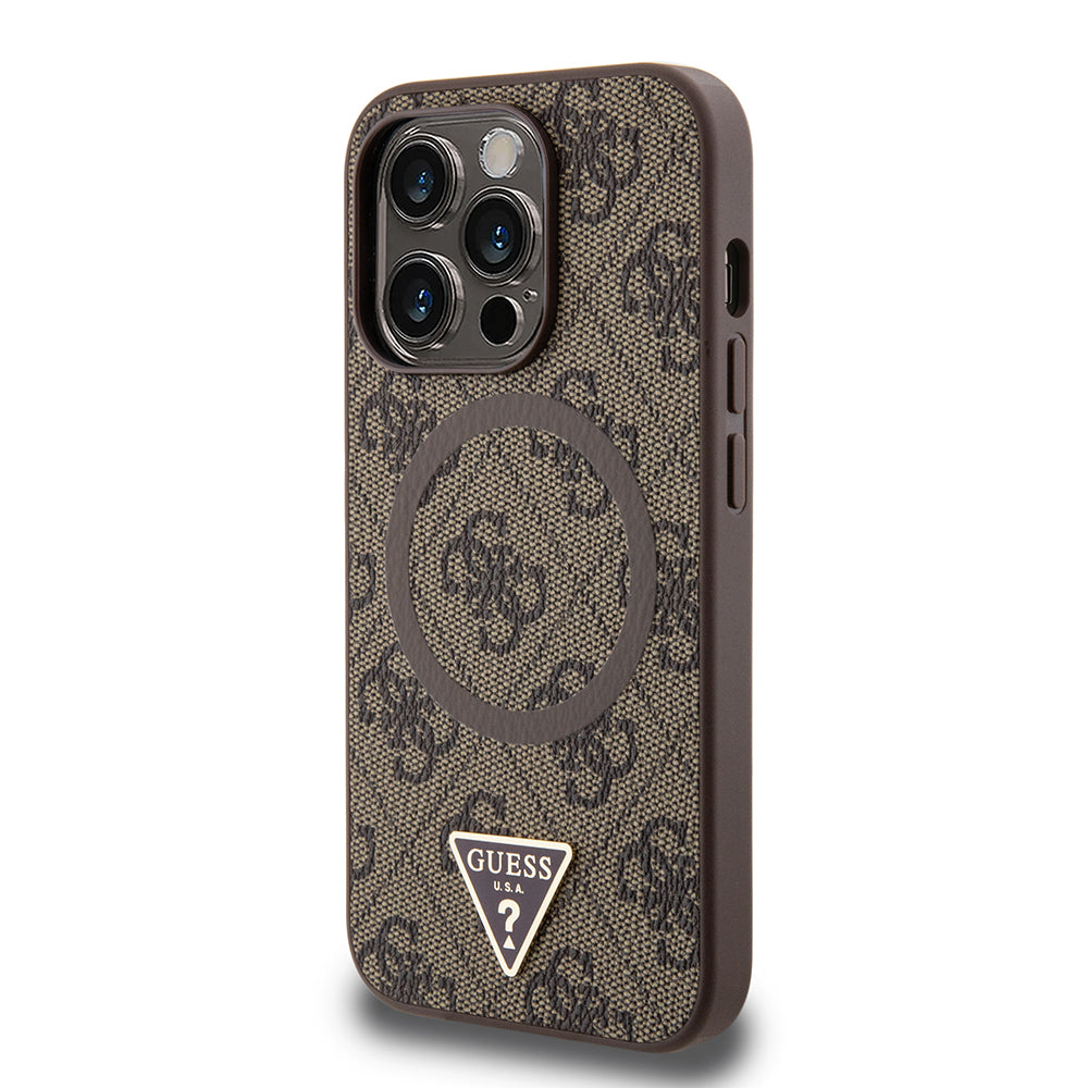 iPhone 14 Pro Max Kılıf Guess Orjinal Lisanslı M-safe Şarj Özellikli PU Üçgen Logo 4G Desenli Kapak