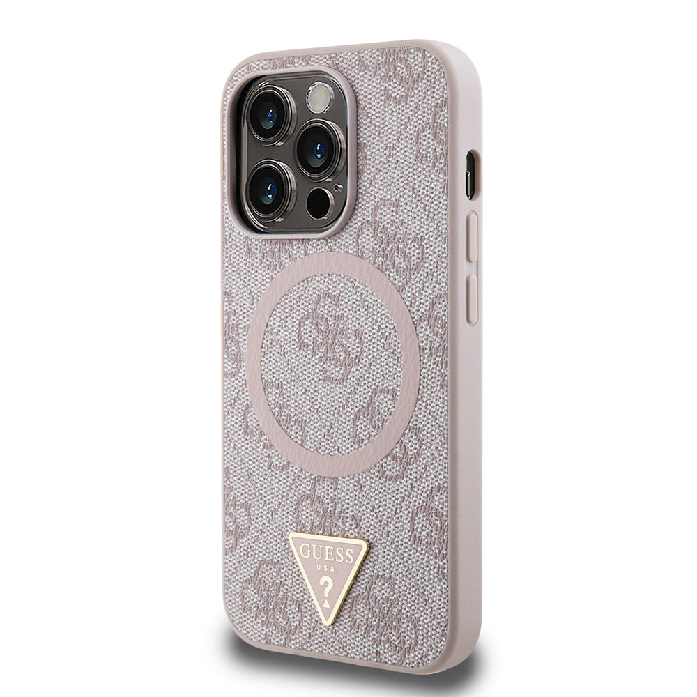 iPhone 14 Pro Max Kılıf Guess Orjinal Lisanslı M-safe Şarj Özellikli PU Üçgen Logo 4G Desenli Kapak