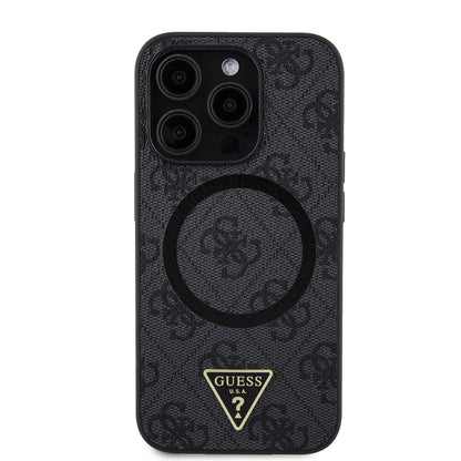 iPhone 14 Pro Max Kılıf Guess Orjinal Lisanslı M-safe Şarj Özellikli PU Üçgen Logo 4G Desenli Kapak
