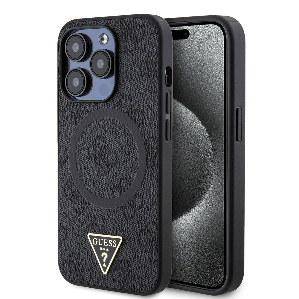 iPhone 14 Pro Max Kılıf Guess Orjinal Lisanslı M-safe Şarj Özellikli PU Üçgen Logo 4G Desenli Kapak