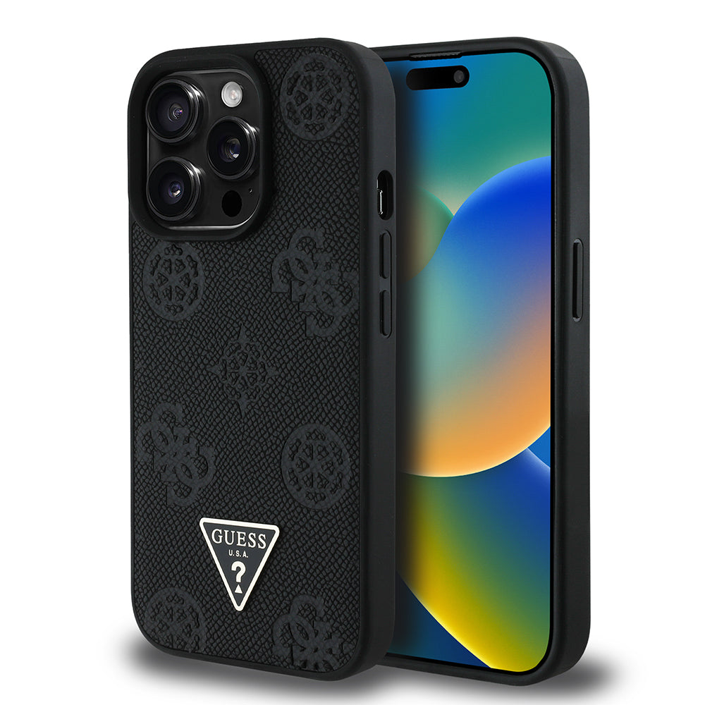 iPhone 14 Pro Max Kılıf Guess Orjinal Lisanslı M-safe Şarj Özellikli Sıcak Baskılı Üçgen Logolu PU Deri Peony Kapak