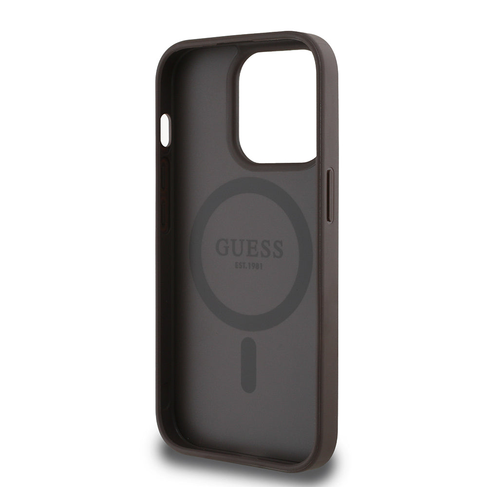 iPhone 14 Pro Max Kılıf Guess Orjinal Lisanslı M-safe Şarj Özellikli Sıcak Baskılı Üçgen Logolu PU Deri Peony Kapak