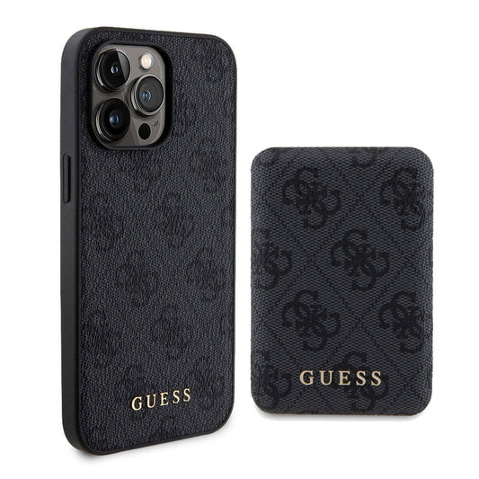iPhone 14 Pro Max Kılıf Guess Orjinal Lisanslı M-safe Şarj Özellikli Yazı Logolu 4G Desenli Kapak + Powerbank 5000mAh 2in1 Set
