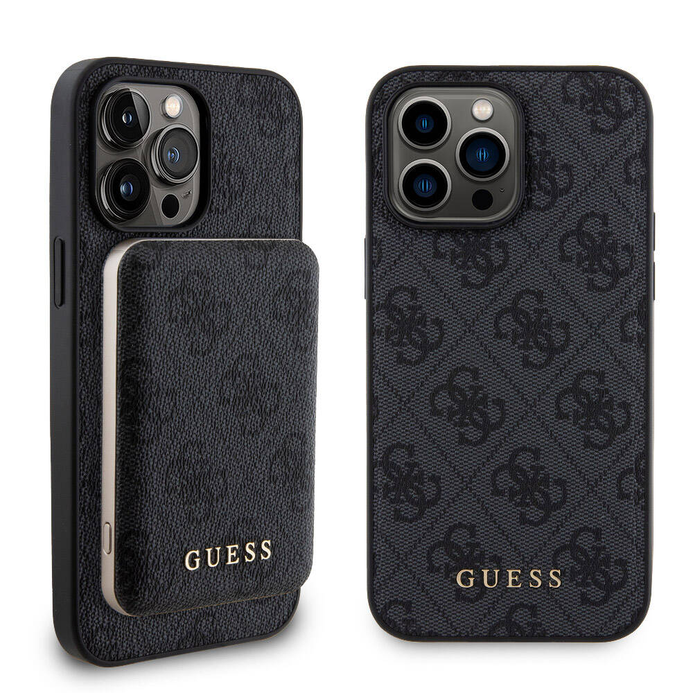 iPhone 14 Pro Max Kılıf Guess Orjinal Lisanslı M-safe Şarj Özellikli Yazı Logolu 4G Desenli Kapak + Powerbank 5000mAh 2in1 Set