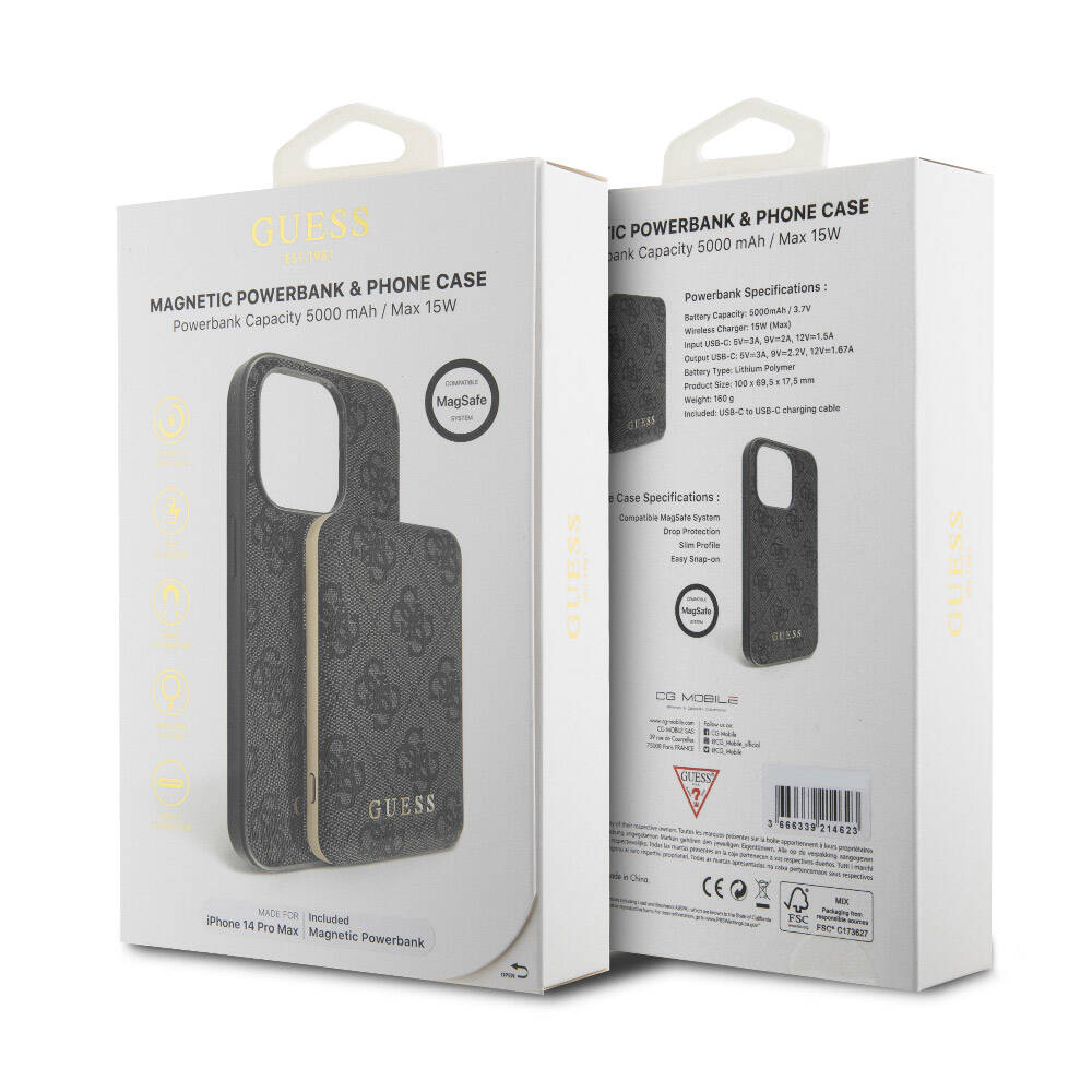 iPhone 14 Pro Max Kılıf Guess Orjinal Lisanslı M-safe Şarj Özellikli Yazı Logolu 4G Desenli Kapak + Powerbank 5000mAh 2in1 Set