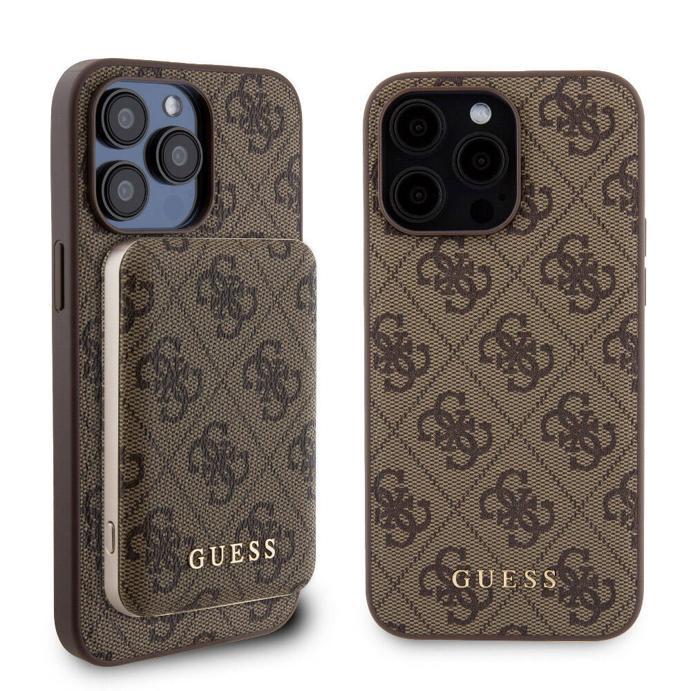iPhone 14 Pro Max Kılıf Guess Orjinal Lisanslı M-safe Şarj Özellikli Yazı Logolu 4G Desenli Kapak + Powerbank 5000mAh 2in1 Set