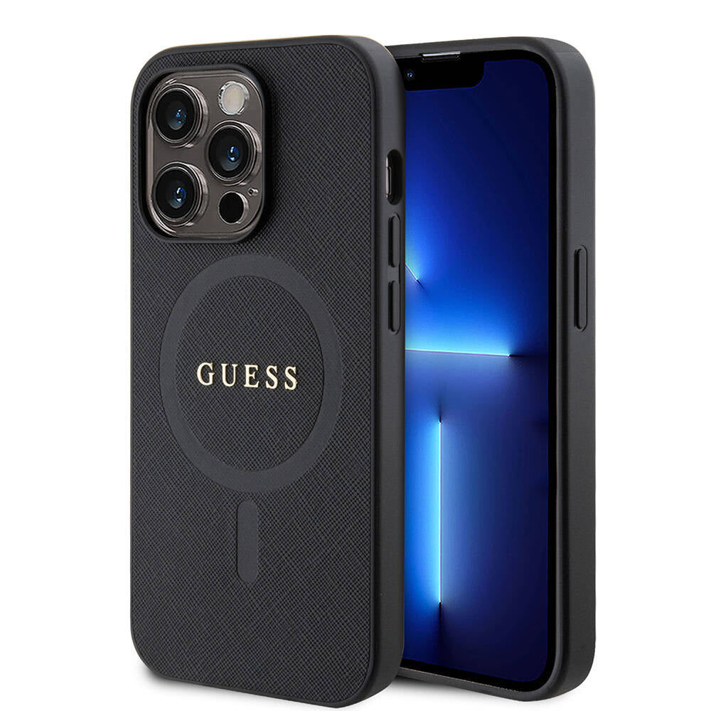 iPhone 14 Pro Max Kılıf Guess Orjinal Lisanslı M-safe Şarj Özellikli Yazı Logolu Saffiano Kapak