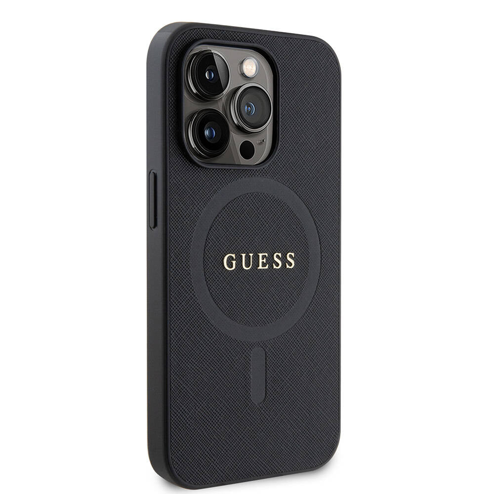 iPhone 14 Pro Max Kılıf Guess Orjinal Lisanslı M-safe Şarj Özellikli Yazı Logolu Saffiano Kapak