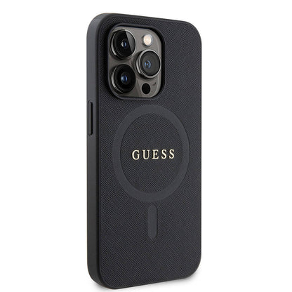 iPhone 14 Pro Max Kılıf Guess Orjinal Lisanslı M-safe Şarj Özellikli Yazı Logolu Saffiano Kapak