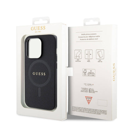 iPhone 14 Pro Max Kılıf Guess Orjinal Lisanslı M-safe Şarj Özellikli Yazı Logolu Saffiano Kapak