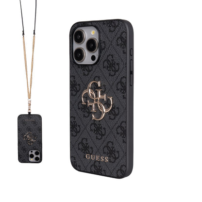 iPhone 14 Pro Max Kılıf Guess Orjinal Lisanslı PU Deri 4G Büyük Metal Logolu Çapraz Vücut Askılı Kapak