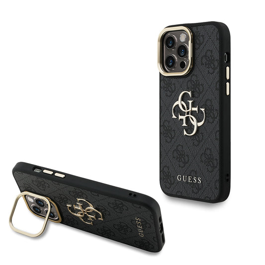 iPhone 14 Pro Max Kılıf Guess Orjinal Lisanslı PU Deri 4G Desenli Metal Büyük 4G ve Yazı Logolu Kamera Standlı Kapak