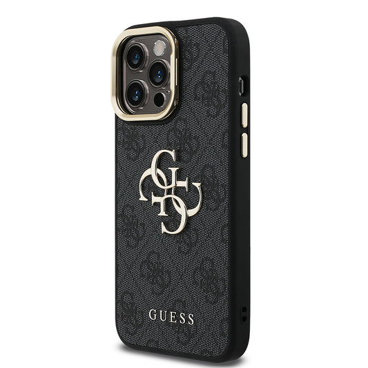 iPhone 14 Pro Max Kılıf Guess Orjinal Lisanslı PU Deri 4G Desenli Metal Büyük 4G ve Yazı Logolu Kamera Standlı Kapak