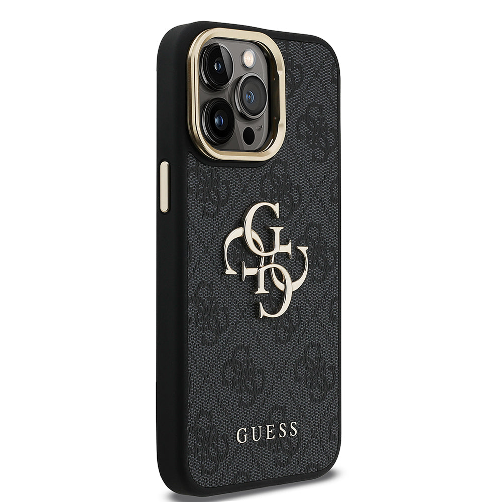 iPhone 14 Pro Max Kılıf Guess Orjinal Lisanslı PU Deri 4G Desenli Metal Büyük 4G ve Yazı Logolu Kamera Standlı Kapak