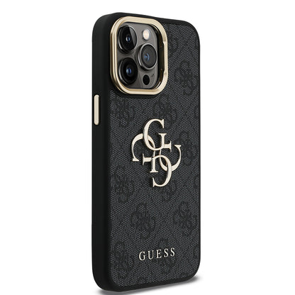 iPhone 14 Pro Max Kılıf Guess Orjinal Lisanslı PU Deri 4G Desenli Metal Büyük 4G ve Yazı Logolu Kamera Standlı Kapak