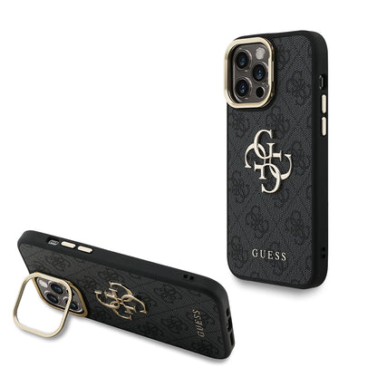 iPhone 14 Pro Max Kılıf Guess Orjinal Lisanslı PU Deri 4G Desenli Metal Büyük 4G ve Yazı Logolu Kamera Standlı Kapak